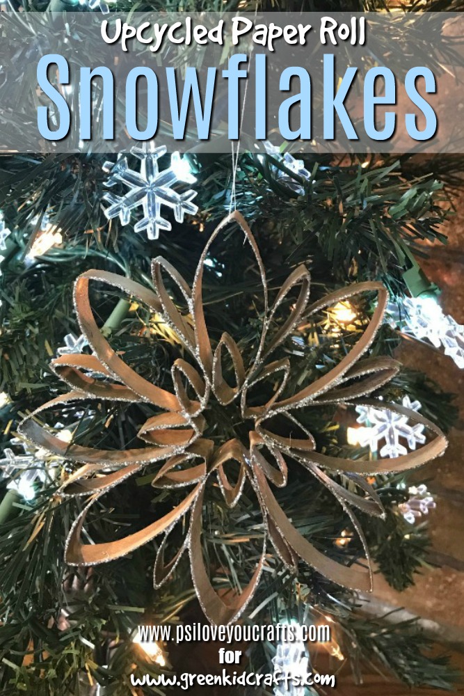 Upcycled Paper Roll Snowflakes Upcycle paper towel rolls into pretty snowflake ornaments. #paperrollcrafts